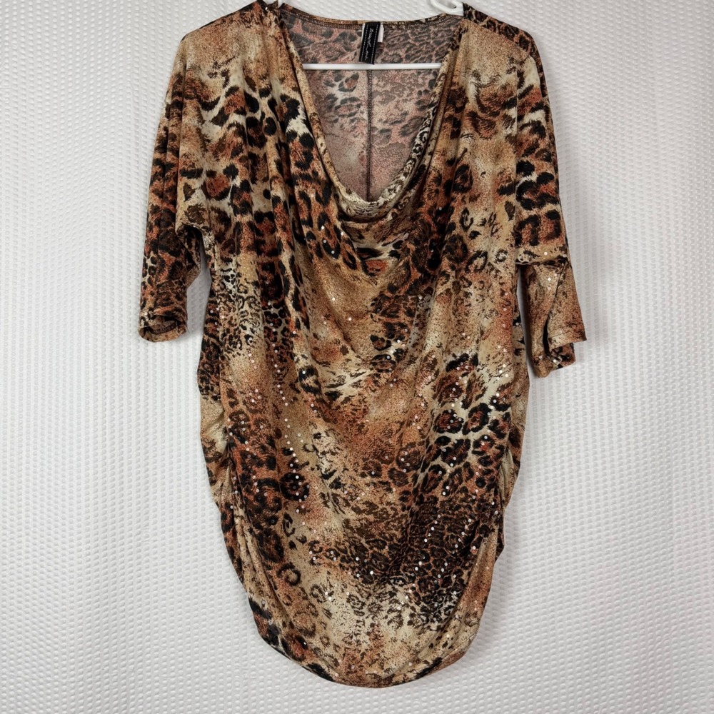 Touch Me Women's 1X Leopard Print Cowl Neck‎ Ruched Tunic Top Sequins